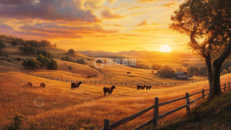高清大图下载【趣麦麦图】乡村牧场黄昏时