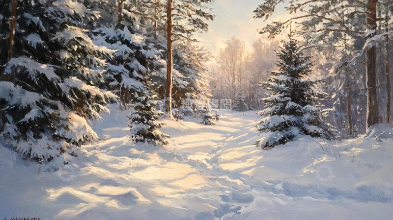 高清大图下载【趣麦麦图】冬天森林夕阳雪景5