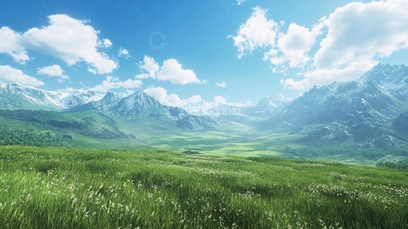 高清大图下载【趣麦麦图】蓝天白云山脉草地背景1