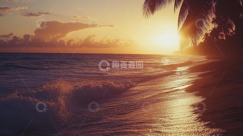 高清大图下载【趣麦麦图】海边夕阳落日余晖背景7
