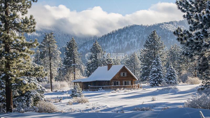 高清大图下载【趣麦麦图】山峦小屋雪景