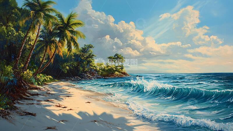 高清大图下载【趣麦麦图】海滩风景画油画手绘海景