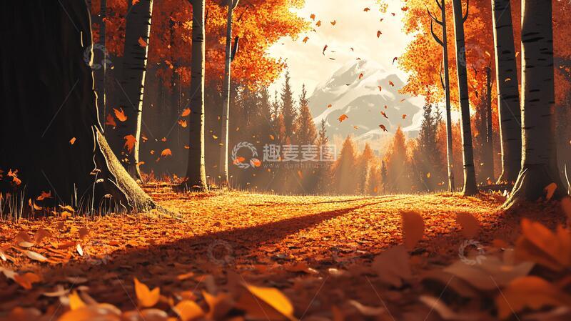 高清大图下载【趣麦麦图】秋季林间小路落叶
