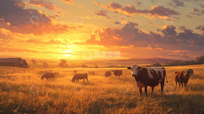高清大图下载【趣麦麦图】牧场夕阳下的宁静