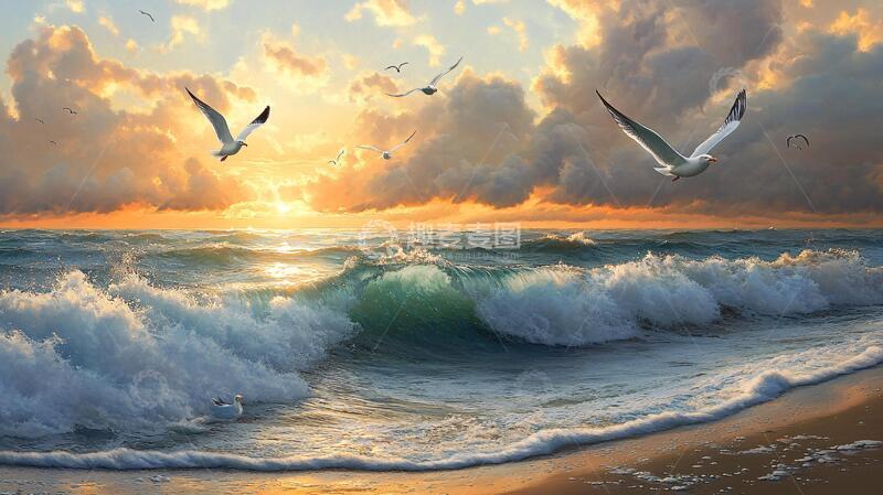 高清大图下载【趣麦麦图】日出海鸥油画1