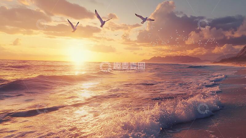 高清大图下载【趣麦麦图】海边夕阳落日余晖背景6