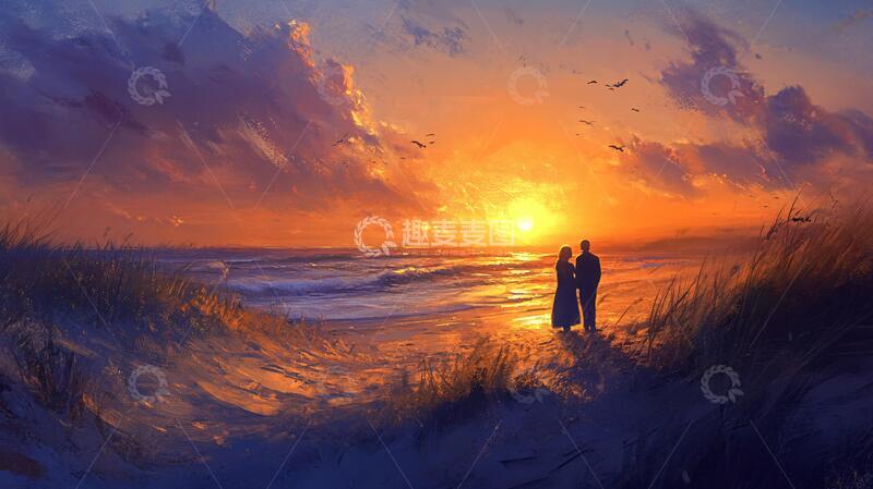 高清大图下载【趣麦麦图】浪漫海边插画