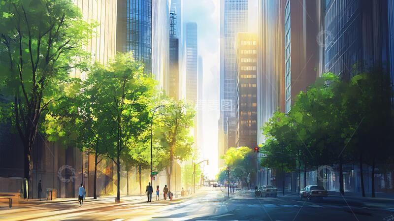 高清大图下载【趣麦麦图】日落街道插画5