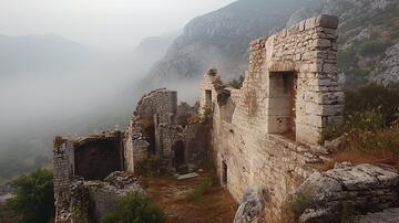 雾中的石屋石屋石头古城