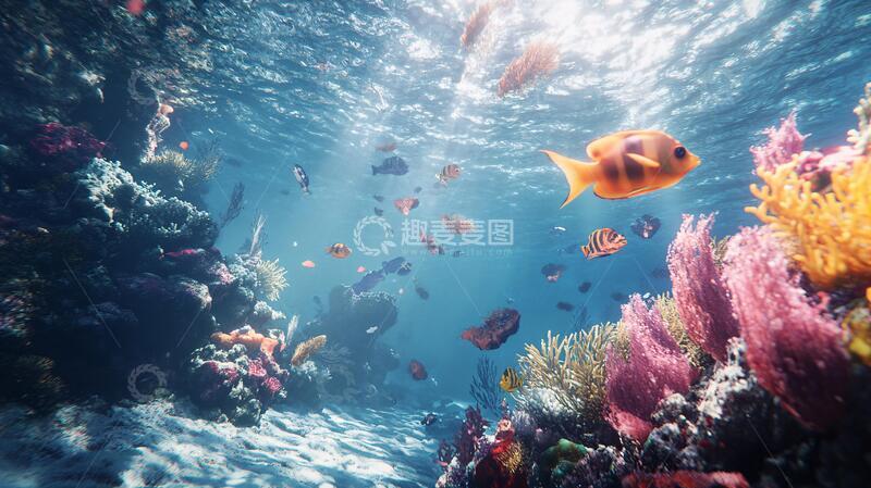 高清大图下载【趣麦麦图】高清珊瑚礁前鱼群游动1