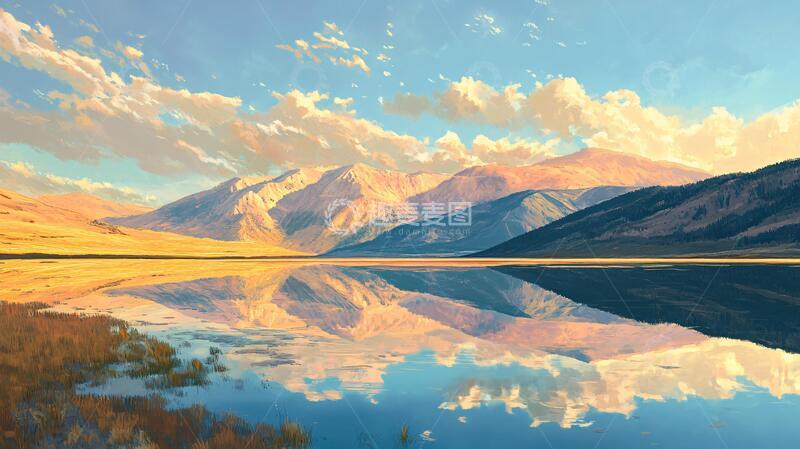 高清大图下载【趣麦麦图】湖山倒影晚霞