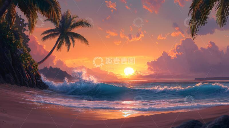 高清大图下载【趣麦麦图】海边落日插画41