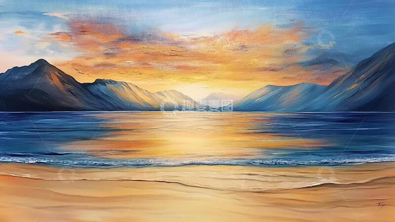 高清大图下载【趣麦麦图】海边落日插画37