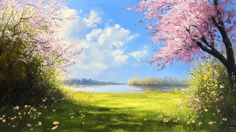 高清大图下载【趣麦麦图】宽屏风景画油画场景桃花