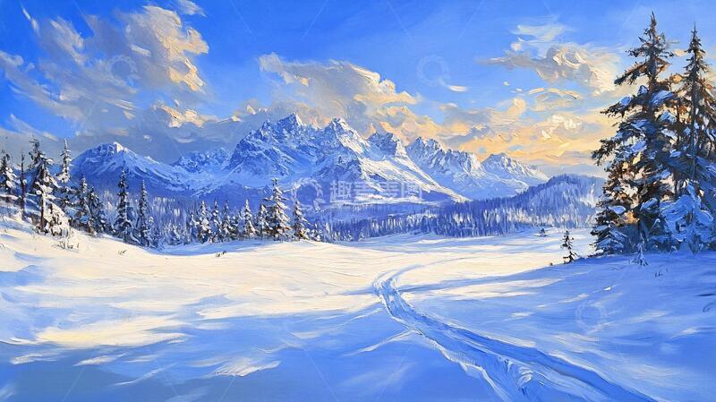 高清大图下载【趣麦麦图】雪山原画雪景油画手绘