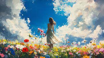 唯美花儿女神背影