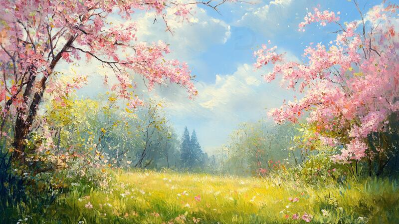 唯美桃花林桃花场景油画