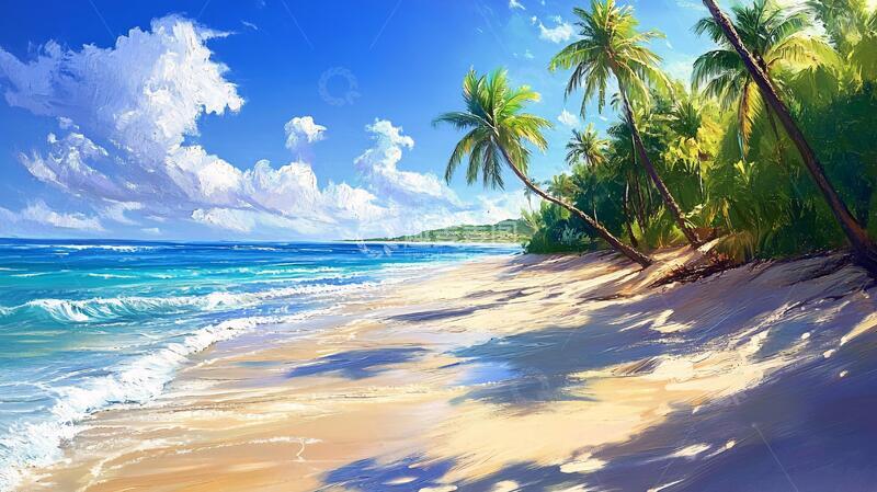 高清大图下载【趣麦麦图】海滩风景画海边插画唯美1