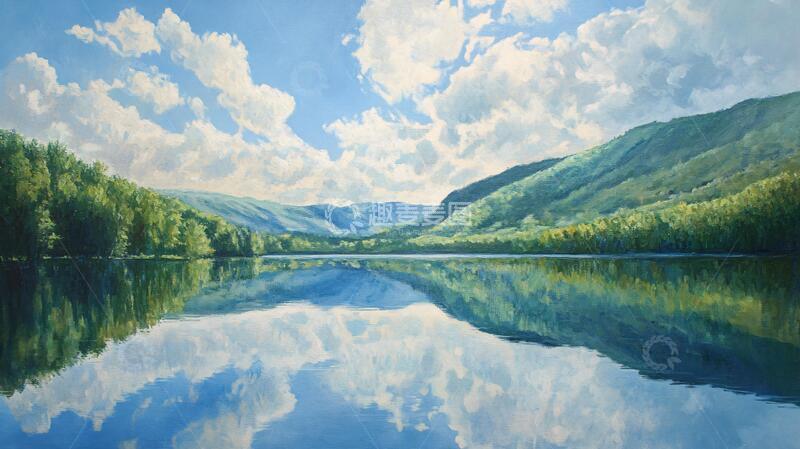 高清大图下载【趣麦麦图】水面倒影油画