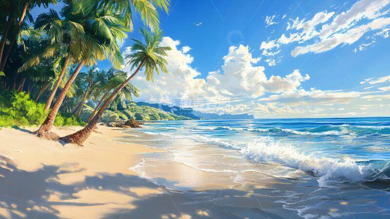 高清大图下载【趣麦麦图】海滩风景画插画海边唯美