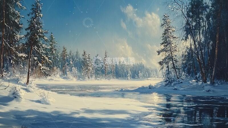 高清大图下载【趣麦麦图】电脑油画冬天的不冻河