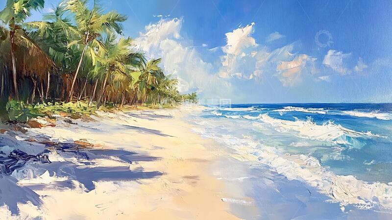 高清大图下载【趣麦麦图】海滩风景画海边插画海滩