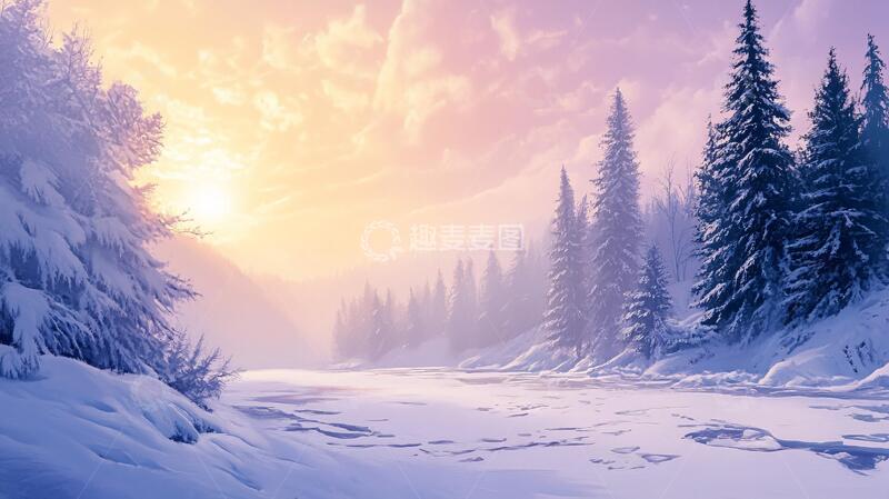 高清大图下载【趣麦麦图】冬天森林夕阳雪景4