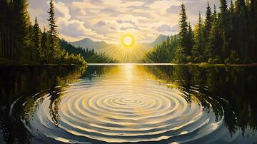 湖面圆日湖面倒影插画