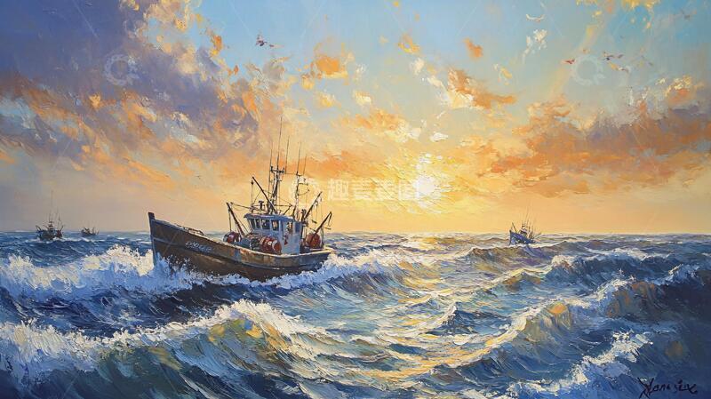 高清大图下载【趣麦麦图】风景画渔船渔船油画鱼船