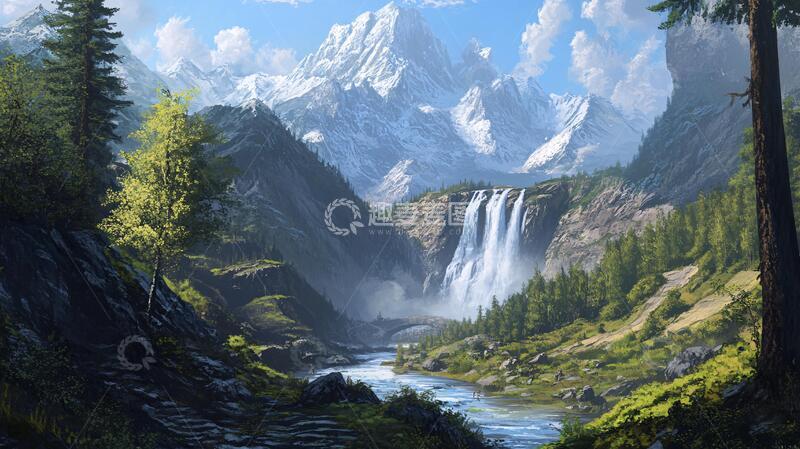 高清大图下载【趣麦麦图】山水风景油画瀑布19