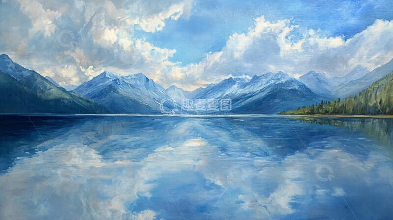 高清大图下载【趣麦麦图】油画远山群山倒影云雾1