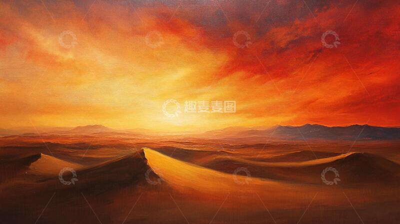 高清大图下载【趣麦麦图】荒漠霞光荒漠插画大漠