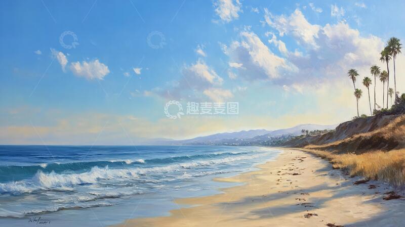 高清大图下载【趣麦麦图】海滩风景画手绘插画风光