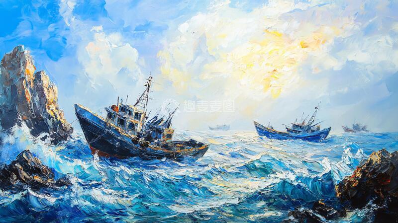 高清大图下载【趣麦麦图】渔船油画渔船油画插画