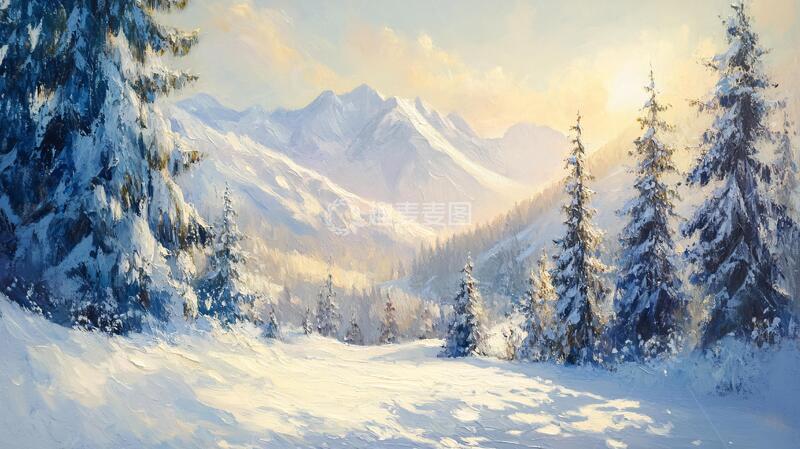 高清大图下载【趣麦麦图】雪山原画雪景油画插画