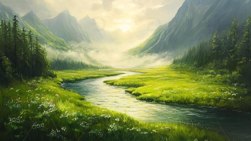 宽屏风景画绿色草地河流