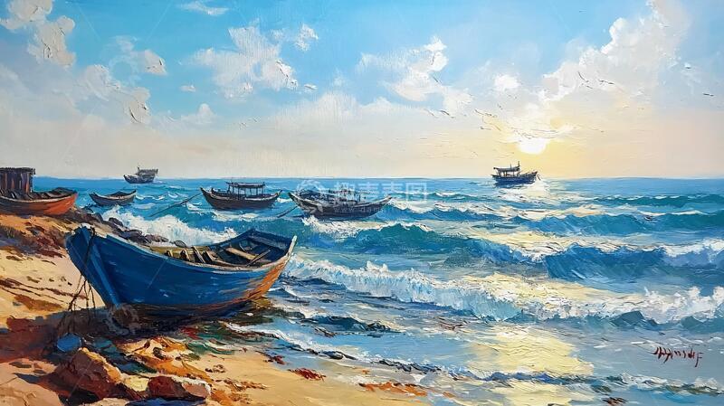 高清大图下载【趣麦麦图】风景画渔船油画手绘海景
