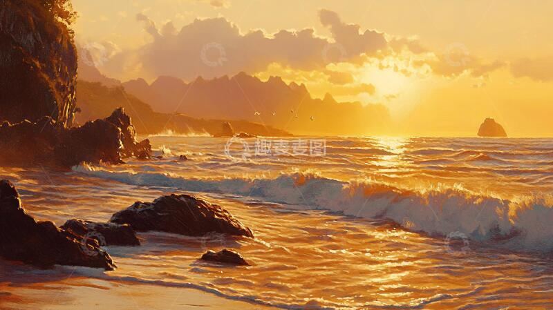 高清大图下载【趣麦麦图】阳光夕阳太阳岩石岸边