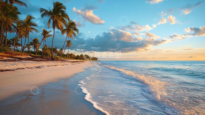 高清大图下载【趣麦麦图】蓝天晚霞大海椰树1