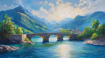 油画风景油画大桥