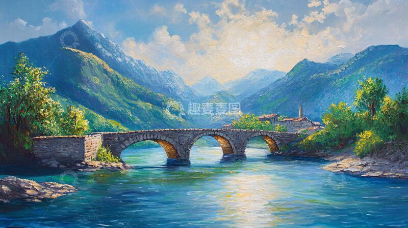 高清大图下载【趣麦麦图】油画风景油画大桥