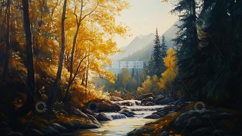 高清大图下载【趣麦麦图】风景厚涂森林油画秋景