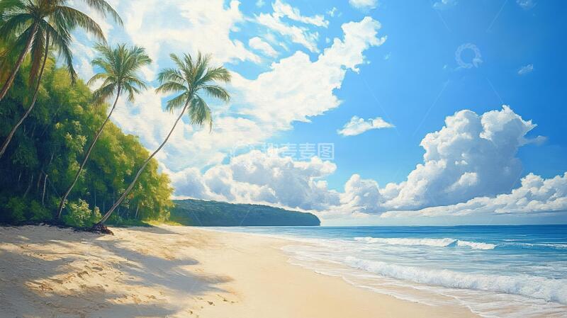 高清大图下载【趣麦麦图】海滩风景画海边唯美插画