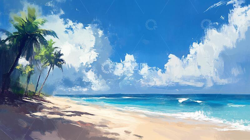 高清大图下载【趣麦麦图】海滩风景画海边插画唯美