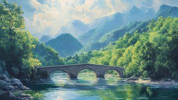 石桥风景画插画动漫油画