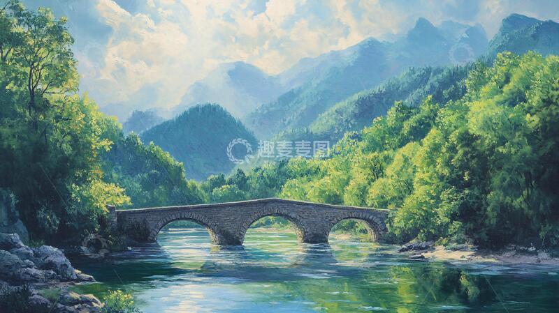 高清大图下载【趣麦麦图】石桥风景画插画动漫油画