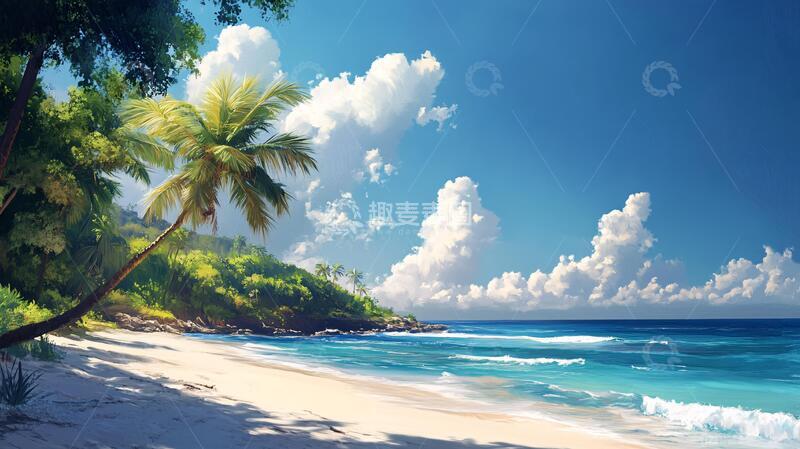高清大图下载【趣麦麦图】海滩风景画插画手绘热带