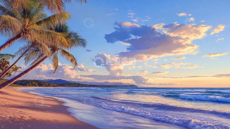 高清大图下载【趣麦麦图】蓝天晚霞大海椰树2