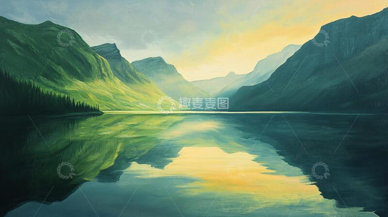 高清大图下载【趣麦麦图】山湖插画油画壁纸倒影