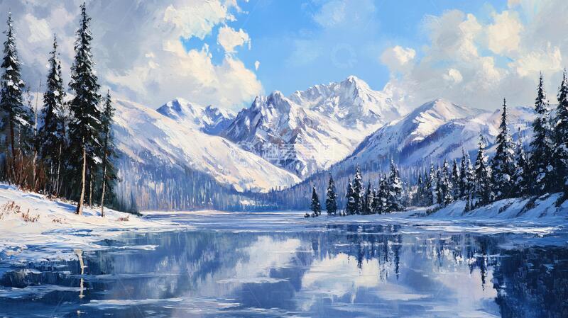 高清大图下载【趣麦麦图】-雪山原画河流森林原画